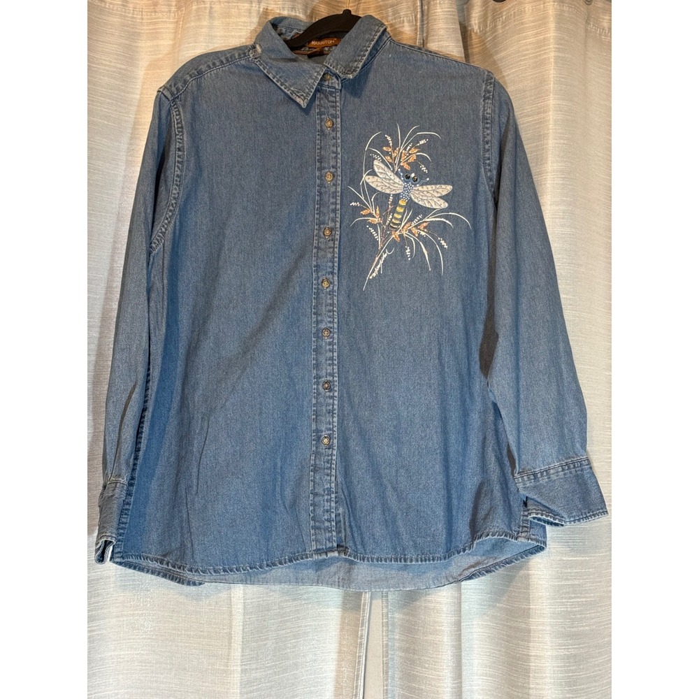 Harriton Vintage 90s Embroidered Dragonfly Denim Shirt Blue Cotton XL
